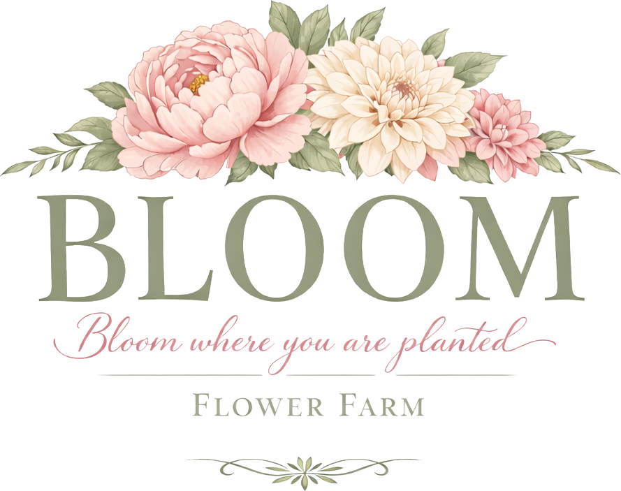 Bloom Flower Farm logo, with the words Bloom where you are planted