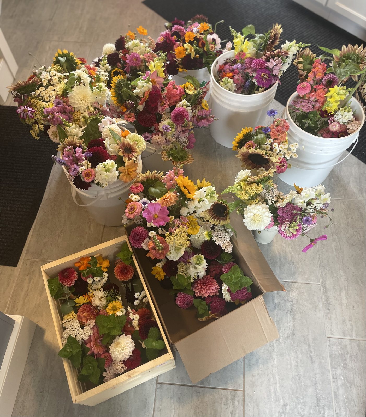 White buckets filled with mixed garden bouquets, seen from above